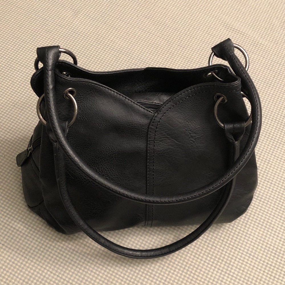 Fiorelli Shoulder Bag Black Vegan Leather Floral Lining Silver Toned Hdwe #1190